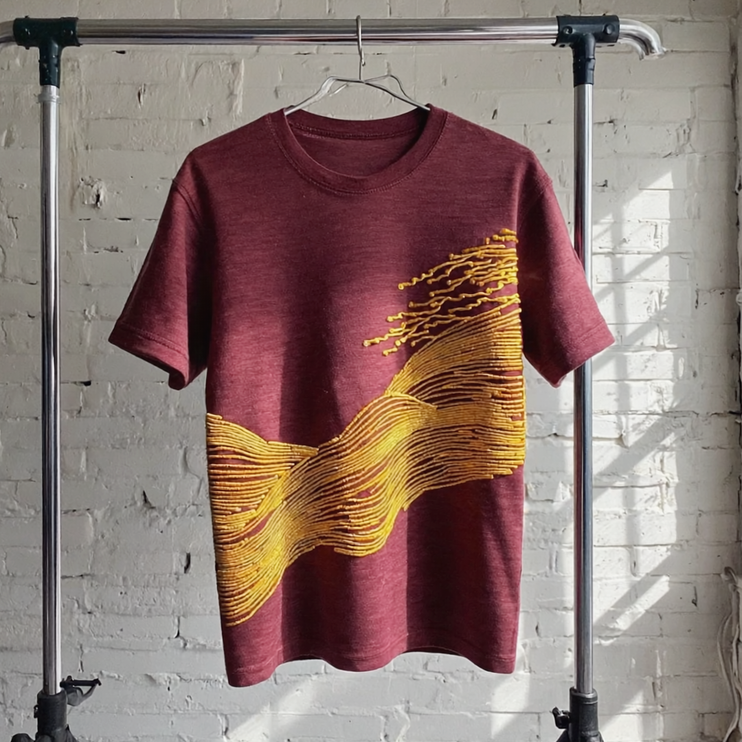 The Bougie Tee in maroon with unique yellow chainstitch embroidery against white brick background.