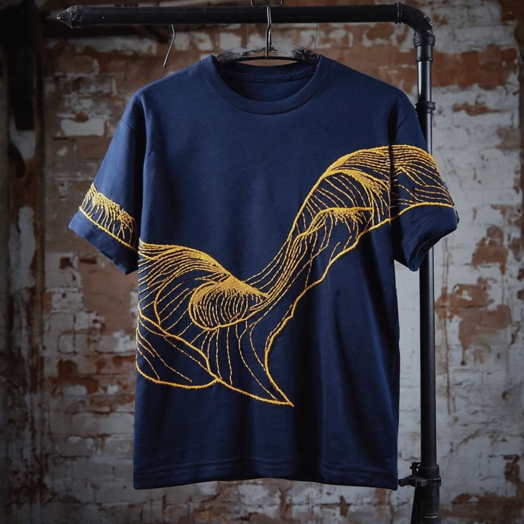 Navy Bougie Tee with hand-stitched yellow chainstitch embroidery hanging against a brick wall.