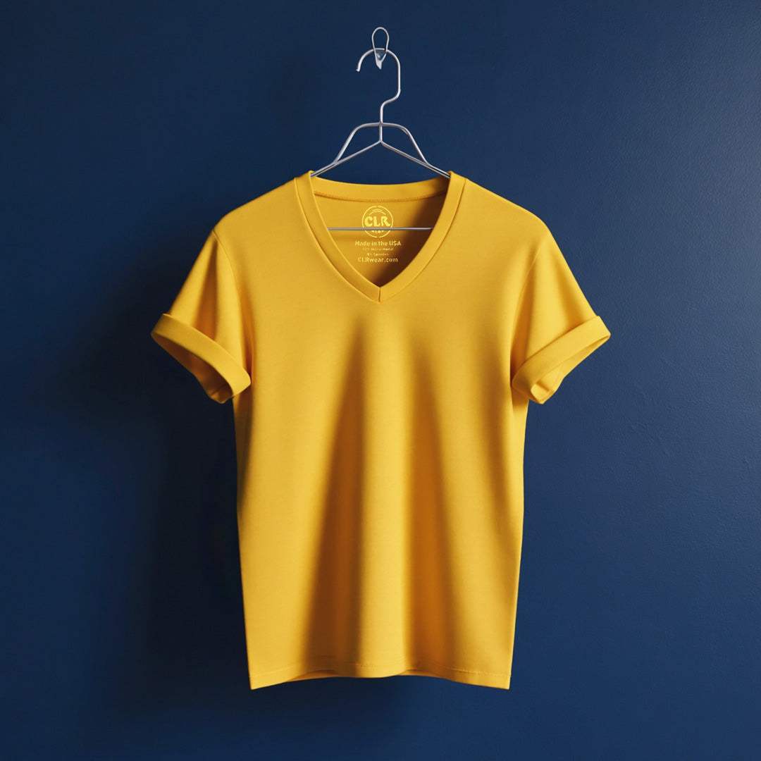 Yellow Business Tee on hanger against navy background, V-neck, micro-modal fabric.